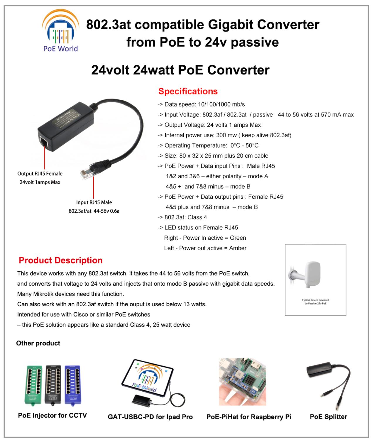 PoE Konverter 24V 24W Für Ubiquiti PoE Gerät gigabit PoE konverter für 24 Volt geräte von 802,3 af/beim