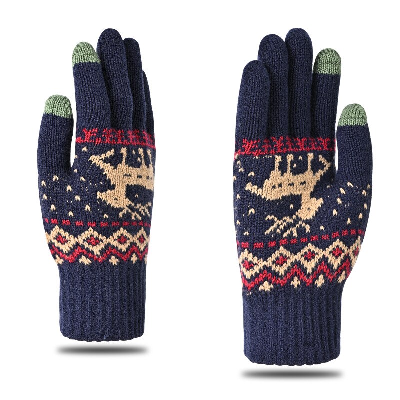 2022 Mens Winter Gloves Thicken Warm Knitted Gloves Unisex Touchscreen Elk Pattern Plus Velvet Outdoor Cycling Cold Gloves: Navy