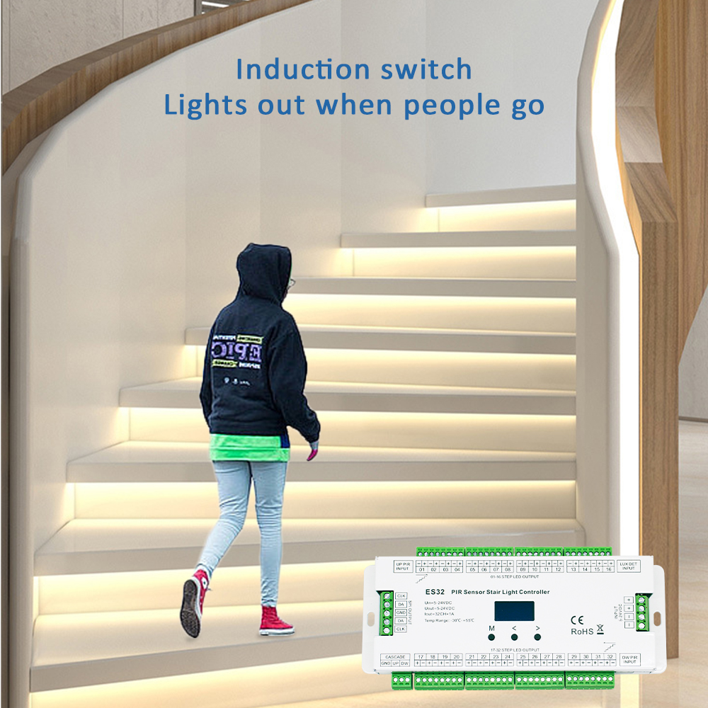 Controlador de luz de escalera ES32 con PIR, interruptor de Sensor inductivo infrarrojo de cuerpo humano, lámpara nocturna de escalera de 32 pasos, Control de iluminación