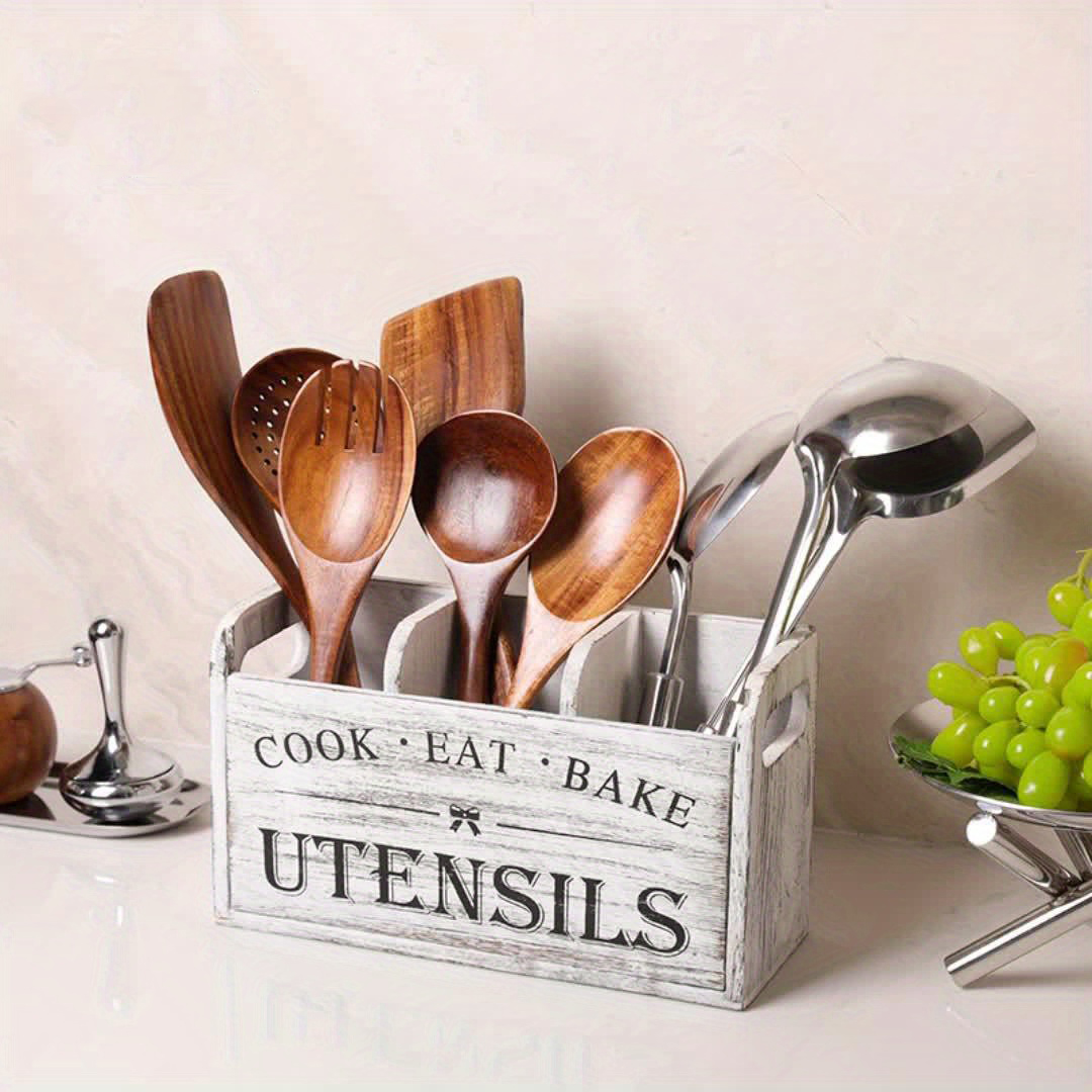 Soporte para utensilios de cocina con 3 compartimentos, organizador de utensilios de madera para encimera de cocina, decoración de cocina, utensilio de cocina