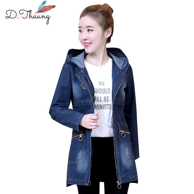 Plus size denim trenchcoat hette løst yttertøy for kvinner langermet middels lang kvinnefrakk  qw038