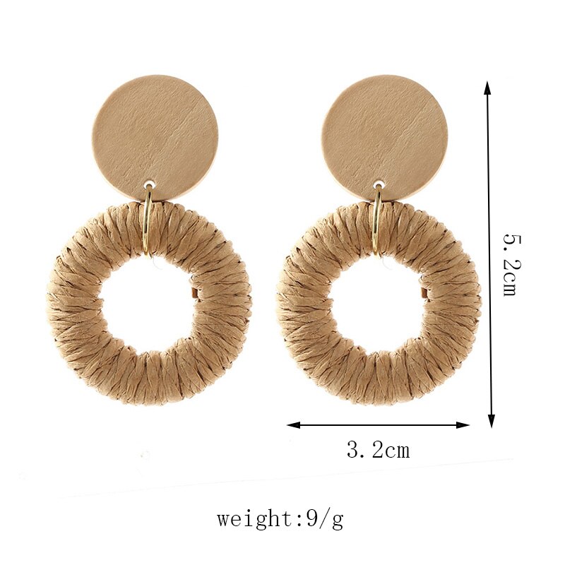 Bohemian Ladies Handmade Vine Rattan Straw Woven Earrings For Women Boho Geometric Round Wooden Dangle Earring Jewelry