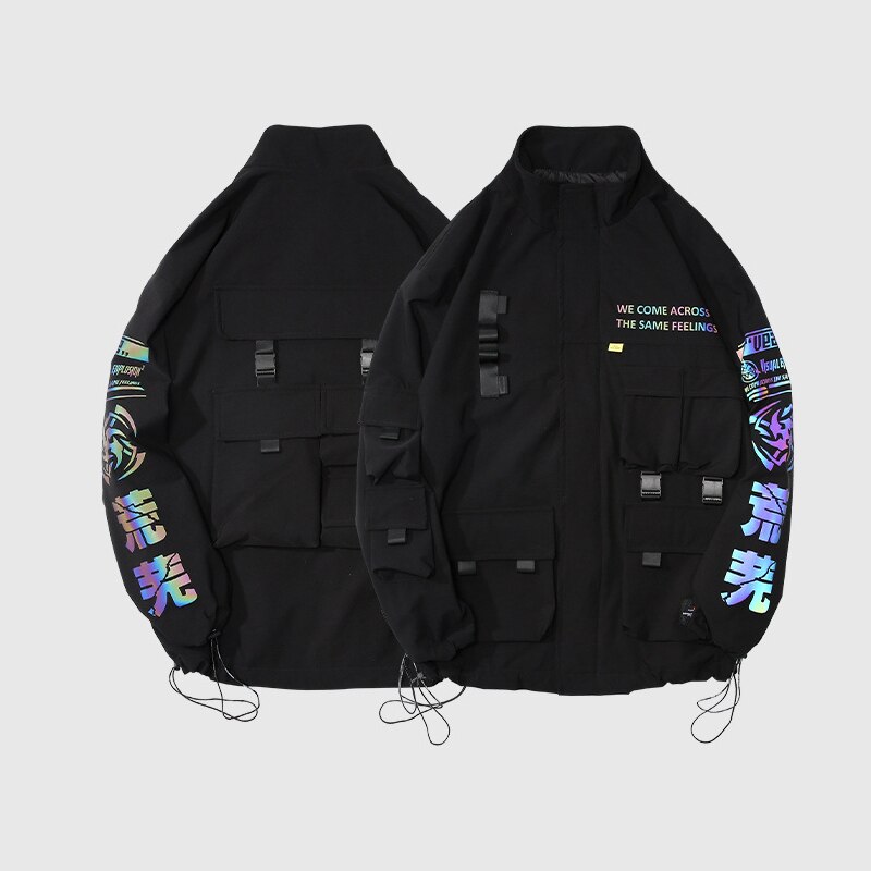 Techwear-chaquetas tipo Cargo con estampado reflectante para hombre, ropa de calle informal con múltiples bolsillos, prendas de vestir holgadas de estilo Harajuku, cortavientos de Hip Hop