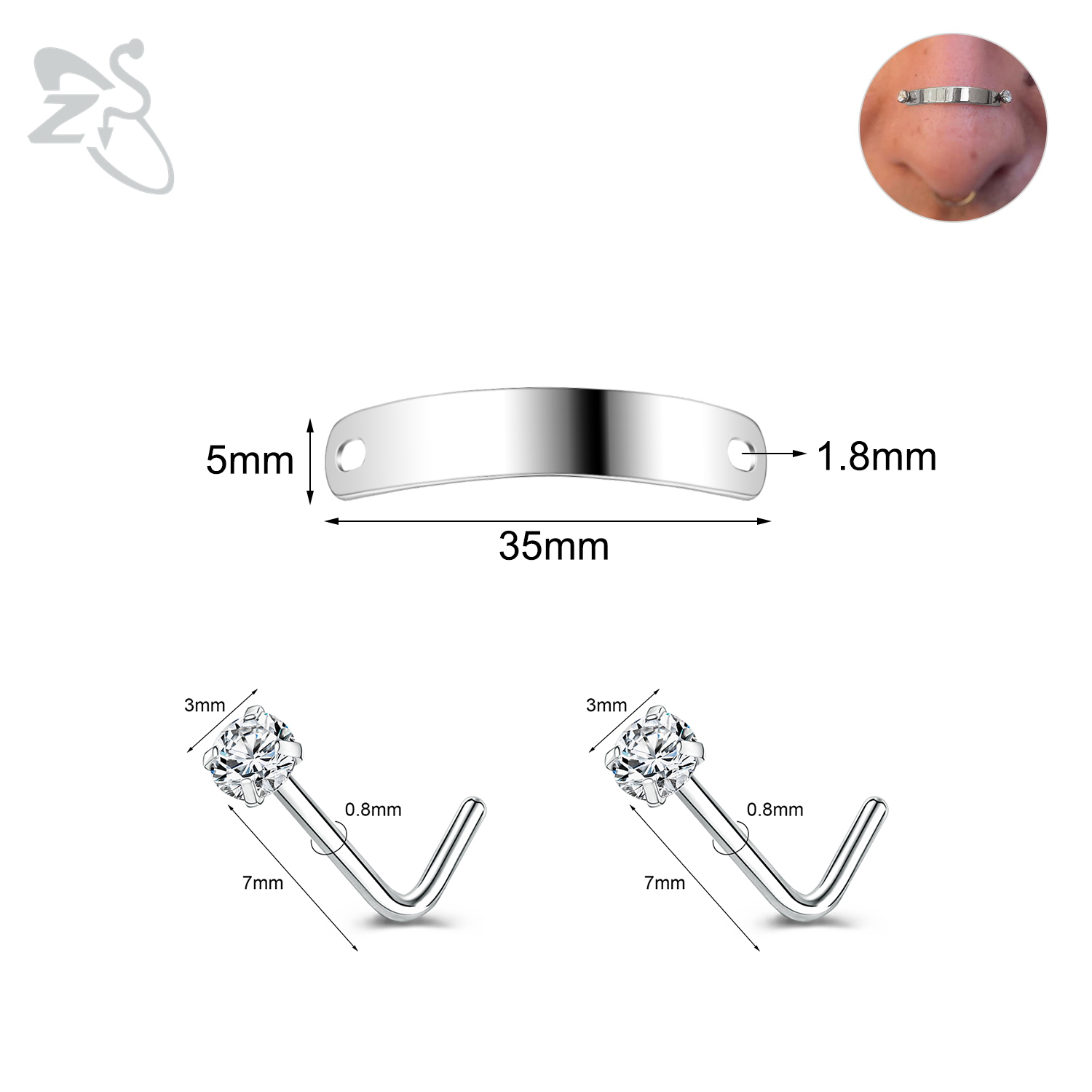 ZS-Piercing en Acier Inoxydable pour Homme et Femme, Bijoux de Corps, Ajustable, Pont de Narine, Punk, 24/30/35/40/45/50mm, 1 Ensemble: Rhodium plaqué