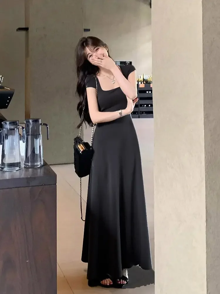 PTKPCC zomer taille-getailleerde elegante Franse stijl dames grijze tankjurk met korte mouwen lange jurk sexy jurk
