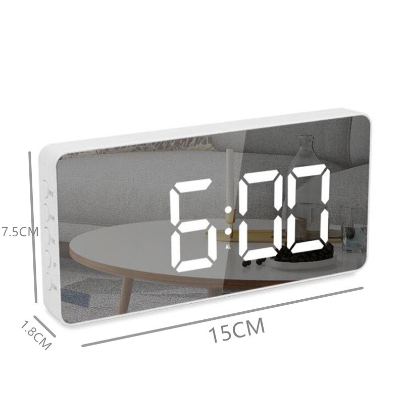 5.9 inch Mirror LED Alarm Clock Snooze Digital Clock Bedroom Dimmer Wake Up Light With Dual USB Charge Port Time Memory Function