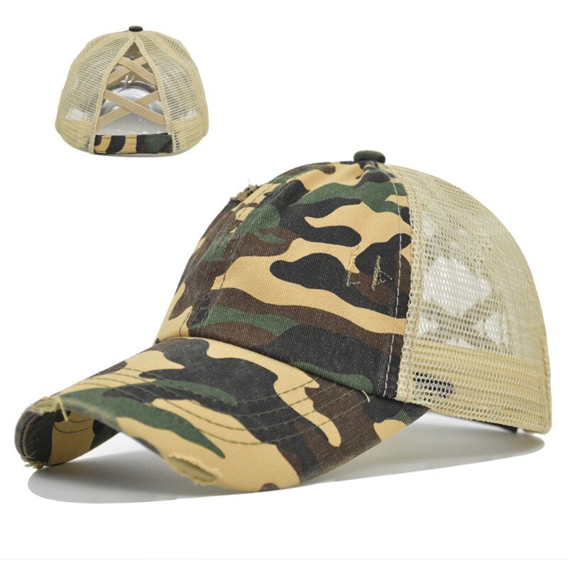 spring product elastic cross ponytail cap hole ponytail cap washed cross ponytail mesh cap female braid hat womens hat: CC606-11Camouflage