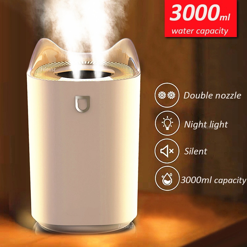 Huis Luchtbevochtiger 3000Ml Dubbele Nozzle Cool Mist Aroma Diffuser Met Coloful Led Licht Zware Mist Ultrasone Usb Humidificador