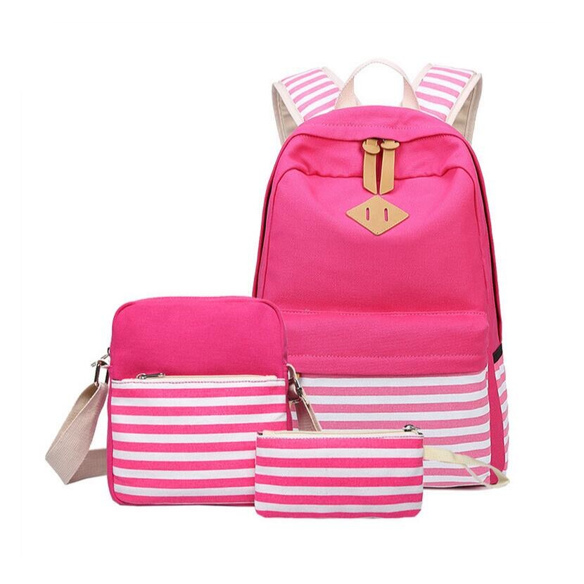 3 pièces noir et blanc rayure vintage toile sac à dos fille cartable enfants sac à dos sacs d'école pour filles sac à bandoulière porte-crayon: rose red