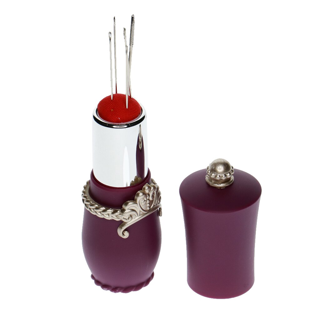 Lipstick Needles Pin Cushion Holder with 5pcs Sewing Needle Tools for Hand Needlework: Purple