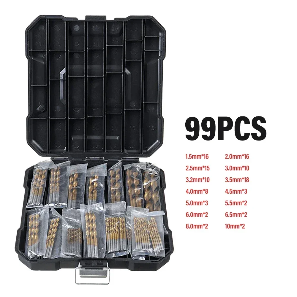 99 Pieces Titanium Twist Drill Bit Set, High Speed Steel, Size from 1/16" Up to 3/8", Ideal Drilling in Wood/Cast Iron Anti-rust: Silver