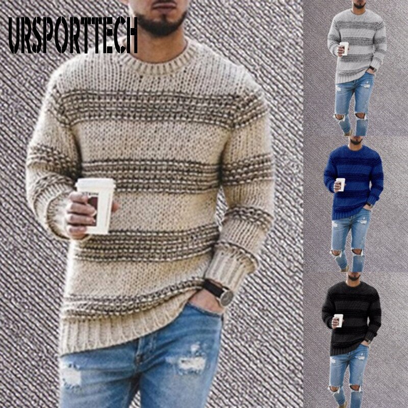 Mærke herresweater efterår vinter pullover uld slim fit striktrøje stribet herretøj afslappet patchwork pull homme
