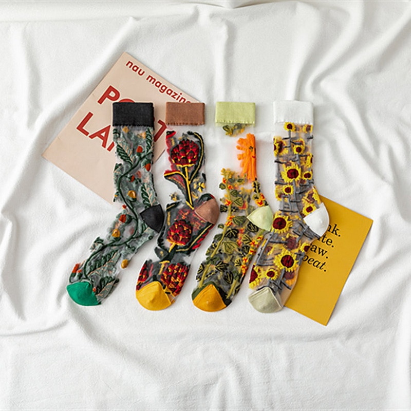 Vintage Harajuku Product Crystal Silk Tide Socks Funny Sunflowers Vines Flowers Happy Women Socks Casual Sox