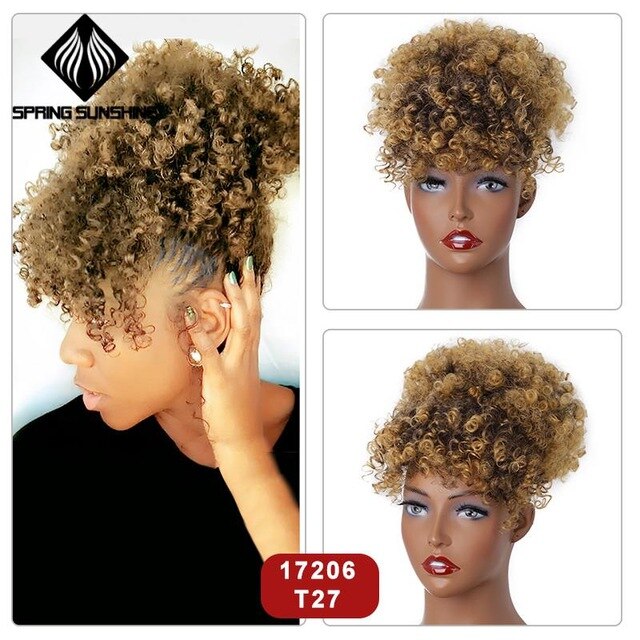 6inch Short Afro Puff Synthetic Hair Bun Kinky Curly Chignon Hairpiece For Women Drawstring Ponytail Updo Hair Extensions 1PC: 17206-T27