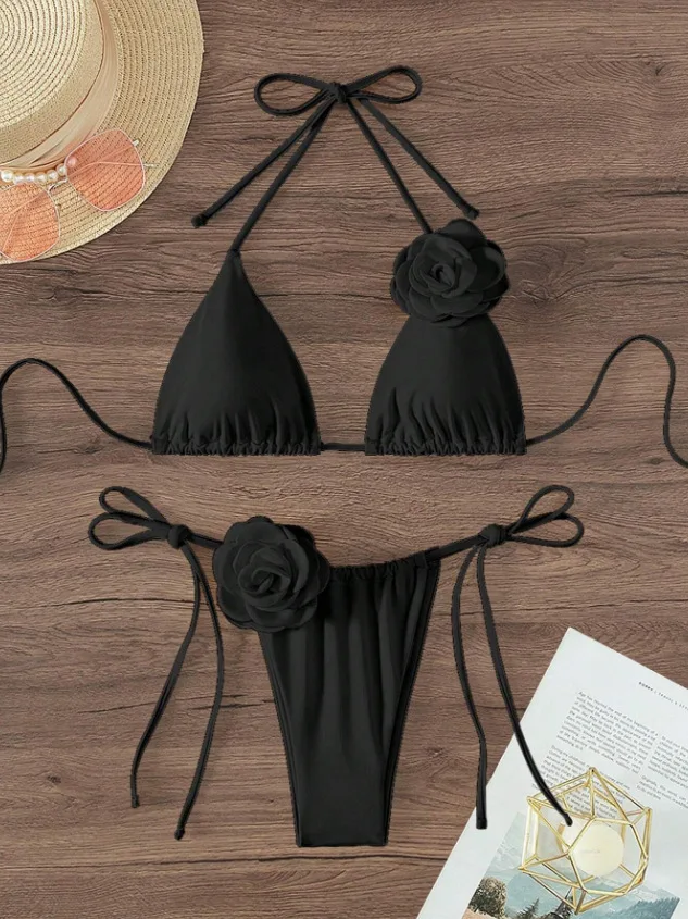 S - L Sexy 3D flores Halter Bikini con tiras mujeres traje de baño traje de baño femenino conjunto de Bikini de dos piezas bañista traje de baño nadar: S / Negro