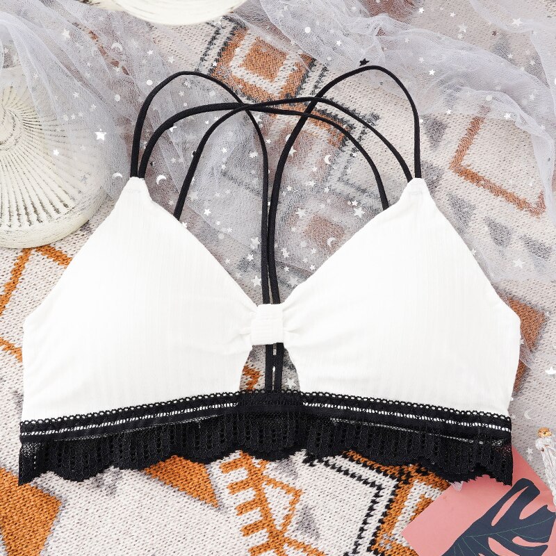 Sexy Women Lace Active Bra Push Up Wireless Bralette Female Thin Straps Underwear Beauty Back Padded Lingerie: White