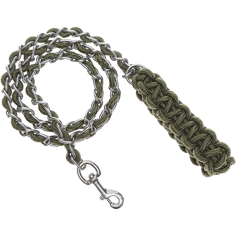 Benepaw Heavy Duty Metal Chain Dog Leash Soft Anti Bite Nylon Braided Handle Pet Lead Training Rope Leads For Medium Big Dogs: Green