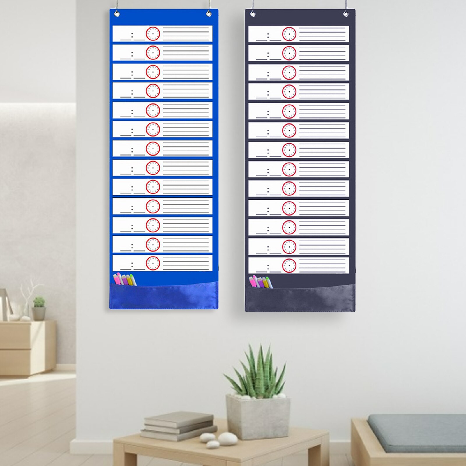 Classroom Pocket Chart Over Door Mounted with 18 Dry Erase White Cards for Home School