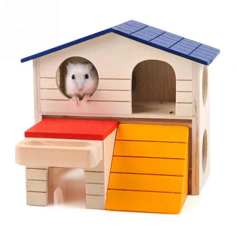 Suministros para mascotas, edificio de lujo multifuncional Villa hámster de madera de dos capas pueblo conejillos de indias casa pequeña para mascotas
