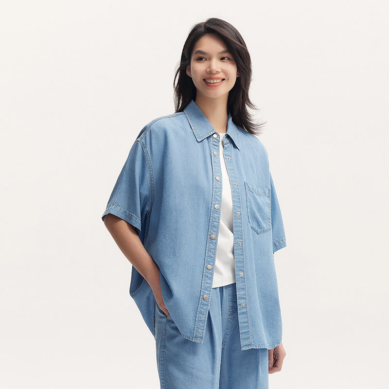 Semir Denim Shirt Vrouwen 2024 Zomer Halflange Verlaagde Schouders Met Losse Pasvorm Zachte Denim Blouse Met Korte Mouwen Casual Relaxed: XL / Blauw