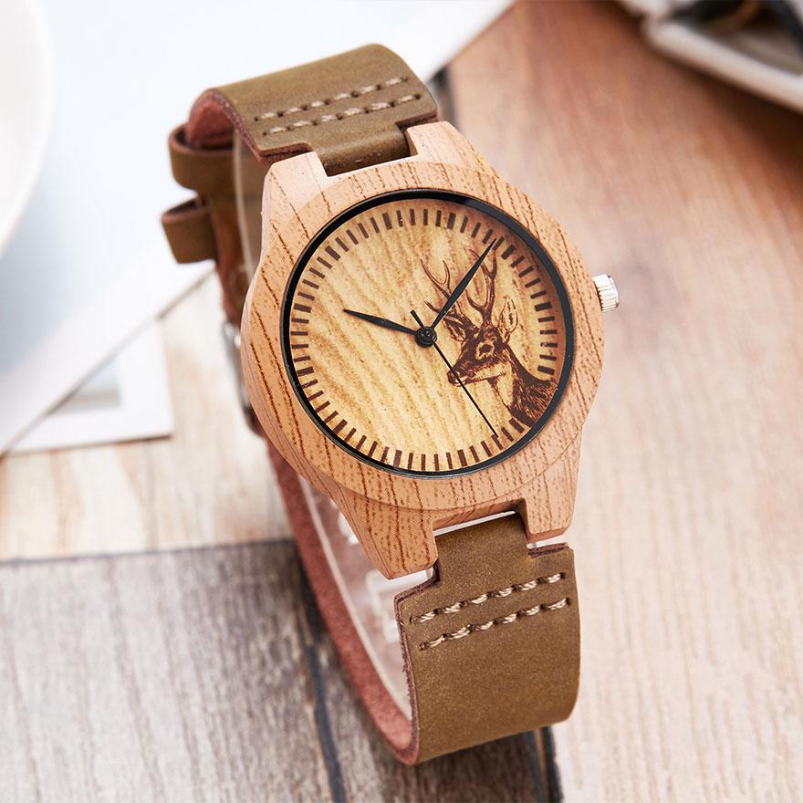 Træ ure kvinder mænd kvarts armbåndsure afslappet træfarvet læderrem ur reloj mujer kvinders ur montre homme: Rådyr ur