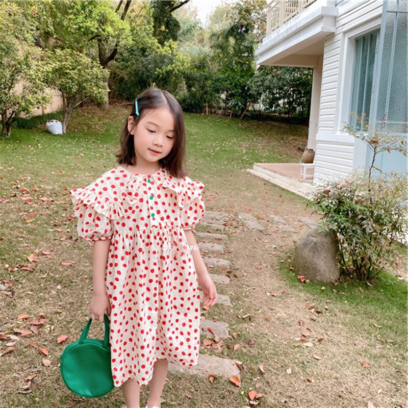 Girls Summer Dress Red Color Dot Kids Baby Girl Casual Dress Beach Dress Daughter Party Dress Children Clothes