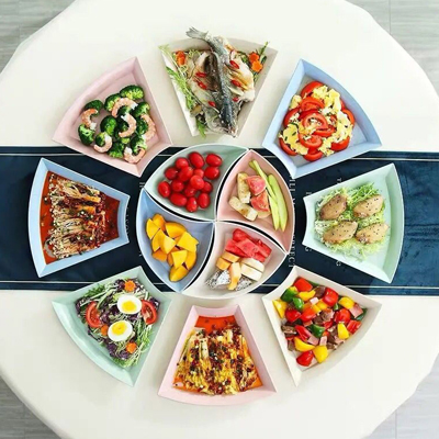 KATA-Juego de platos de paja de trigo para el hogar, vajilla creativa con bandeja para ensalada de frutas, juego de cubiertos, mesa en forma de abanico: 12PCS