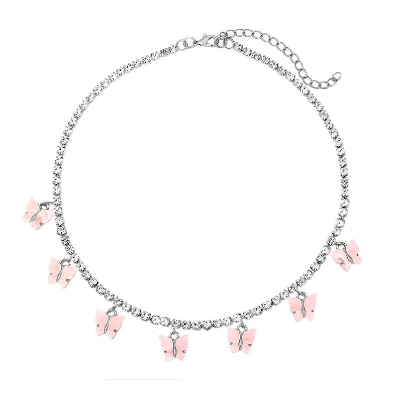 7 sommerfugl vedhæng halskæde til kvinder sølvfarvet rhinestone tennis kæde choker halskæde bryllups smykker: 035402pk