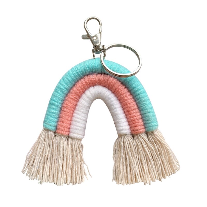 Macrame regnbue nøgleringe boho taske charms med kvaster håndvævet bomuldstilbehør til bilnøgle pung pung hængende dekoration: Jeg