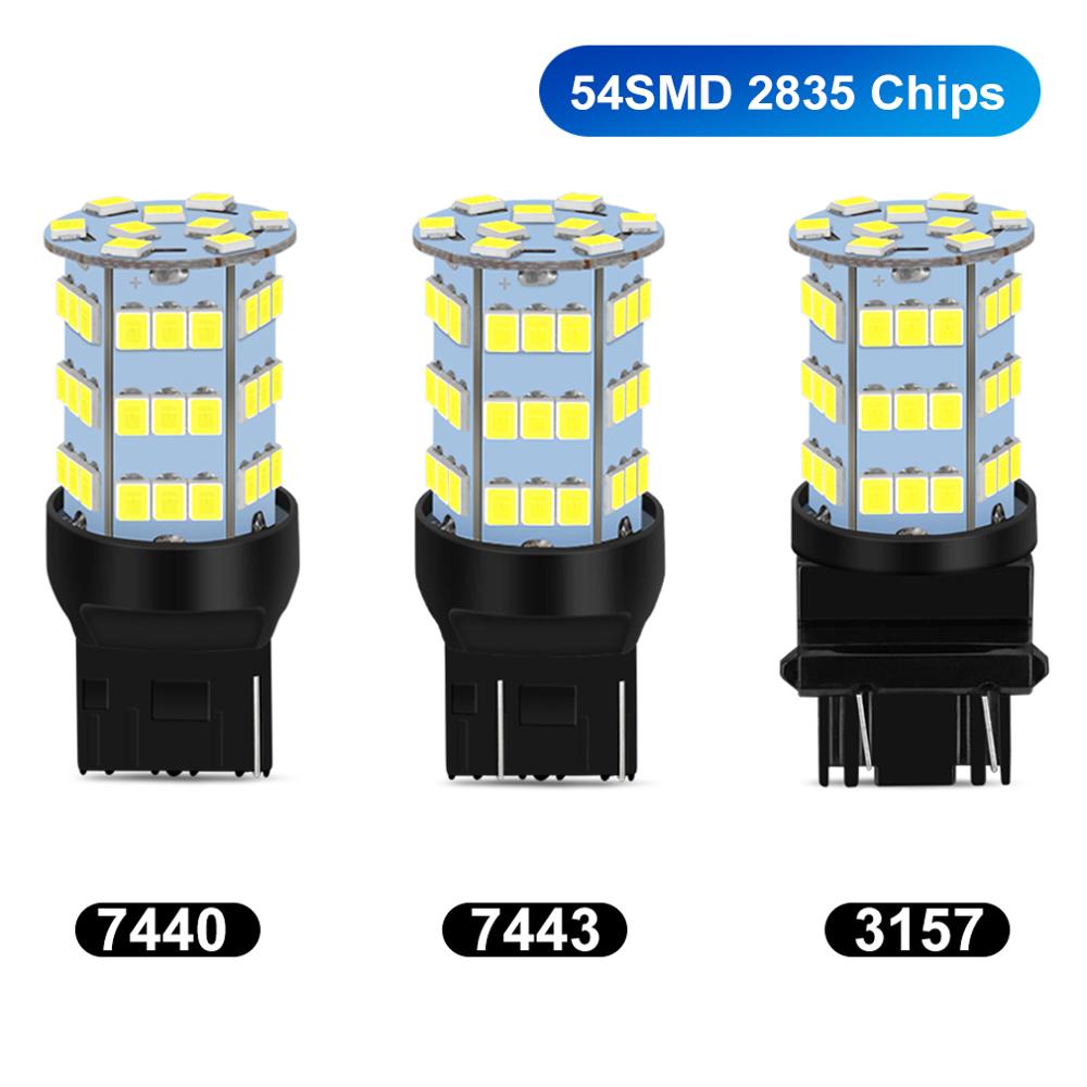 2pcs 54SMD 2835 Chips T20 LED 7440 7443 W21W W21/5 W LED T25 3157 P27 7WBulbs lamp Auto Brake Reverse Lights 12V Wit Rood Amber