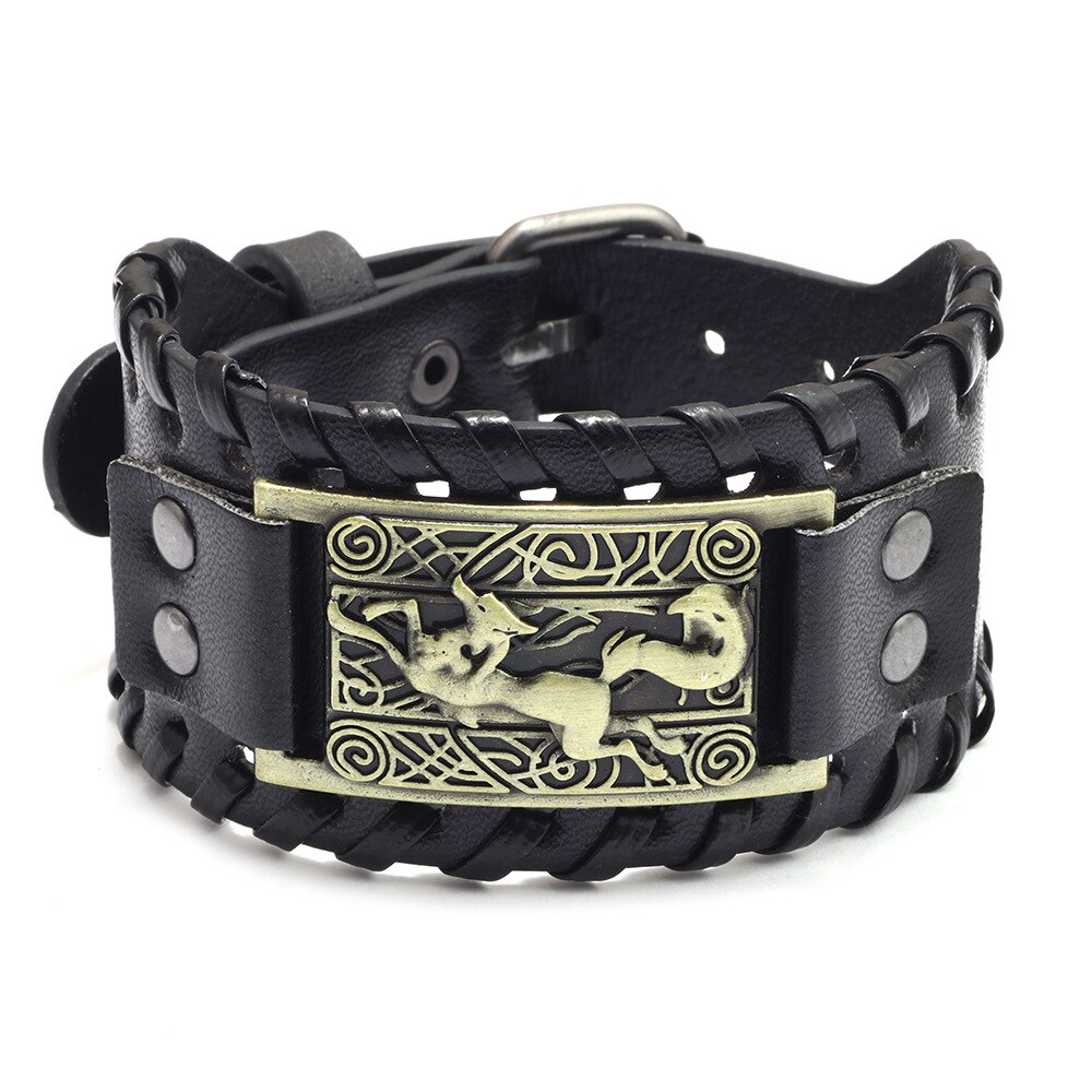 Pulsera de piel con brújula pirata para hombre, de tótem ancho, joyería vikinga celta, accesorios de pulsera, de: Zinc negro plateado