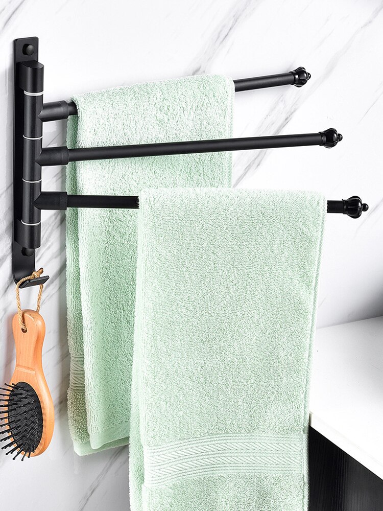 Badeværelse vægmonteret håndklædeholder holder roterende bar håndklædeholder tøjkrog tøjkrog badeværelsestilbehør sæt rum aluminiumsstang: Sort 3- bar