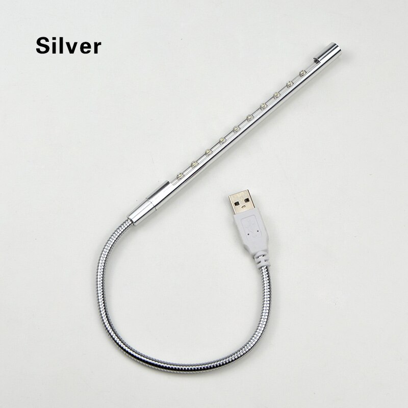 Metal Material 10LEDs Flexible USB Desk Lamp LED Table Lamps Table Light Bendable PC Power Bank Laptop Reading Protecting Eyes: Silver