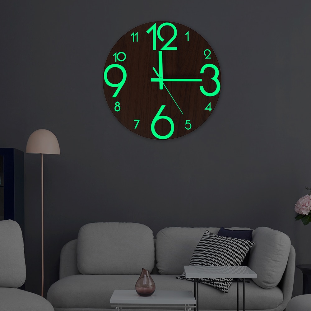 Houten Wandklok Lichtgevende Nummer Opknoping Klokken Rustige Dark Gloeiende Wandklokken Moderne Horloges Decoratie Voor Woonkamer
