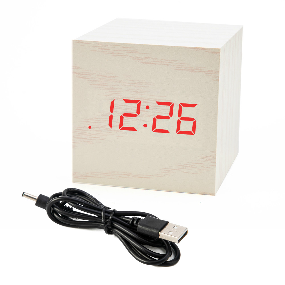 ! mini digital trä led väckarklocka trä retro glöd klocka skrivbord bord dekor röststyrning snooze funktion skrivbord kalender: Vitt trä rött