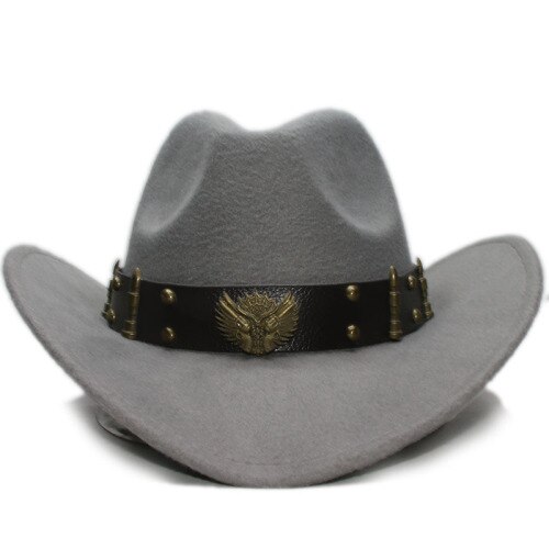 Volwassen wollen fedora's hoeden met leren riem herfst en winter mannen en vrouwen wollen cowboyhoeden grote bolhoed met rand een -152: Grijs / Kinderen 54cm