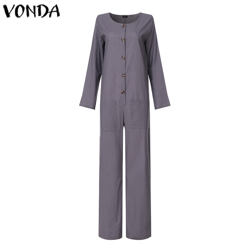 Vonda kvinna höst bomullsbyxor dam jumpsuits knapp kontor dam playsuit casual lösa pantalon plus size byxor: Grå / 5xl