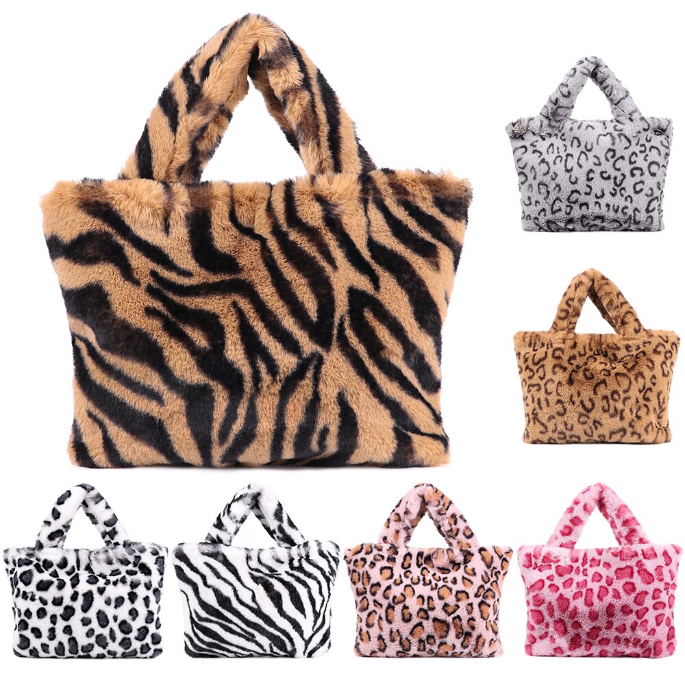 Winter Warm Fur Shoulder Bag Women Snap Button Vintage Leopard Print Bag Chain Large Capacity Plush Soft Bag