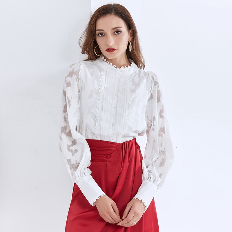 Twotwinstyle Kant Borduurwerk Voor Vrouwelijke Blouse Shirts Stand Kraag Lantaarn Lange Mouw Woemn Vintgae Shirts: white / M