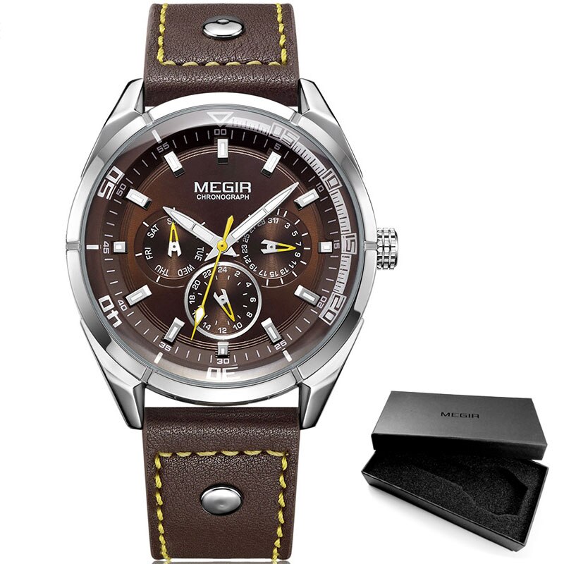 Megir Mannen Mode Lederen Quartz Horloges Met Kalender Datum Week 24-Uur Lichtgevende Horloge Voor Man Jongens Blauw 2072GBE-2: M2072G-Brown