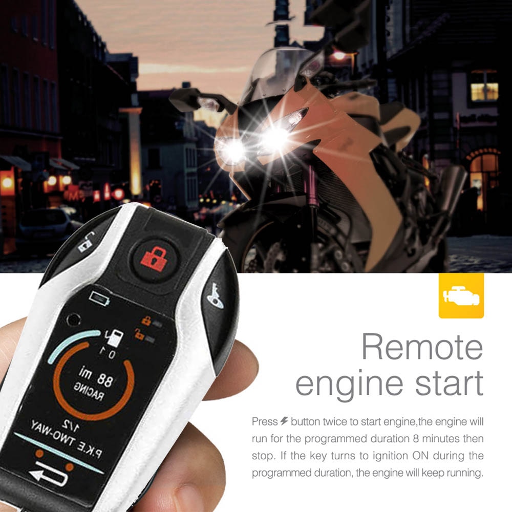 PKE 2 Two Way Motorcycle Anti-theft Alarm System Remote Engine Start Moto Scooter PKE Sensing Alarm Theft Protection Universal