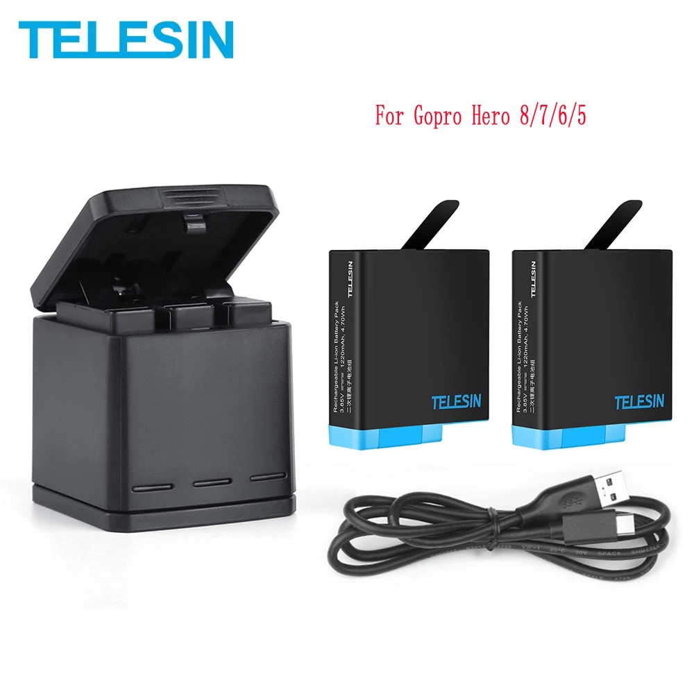 TELESIN – Pack de batteries + boîte de chargement de batterie à 3 fentes, câble USB type-c 2 en 1 pour GoPro Hero 8 7 6 5, accessoires d'appareil photo noir