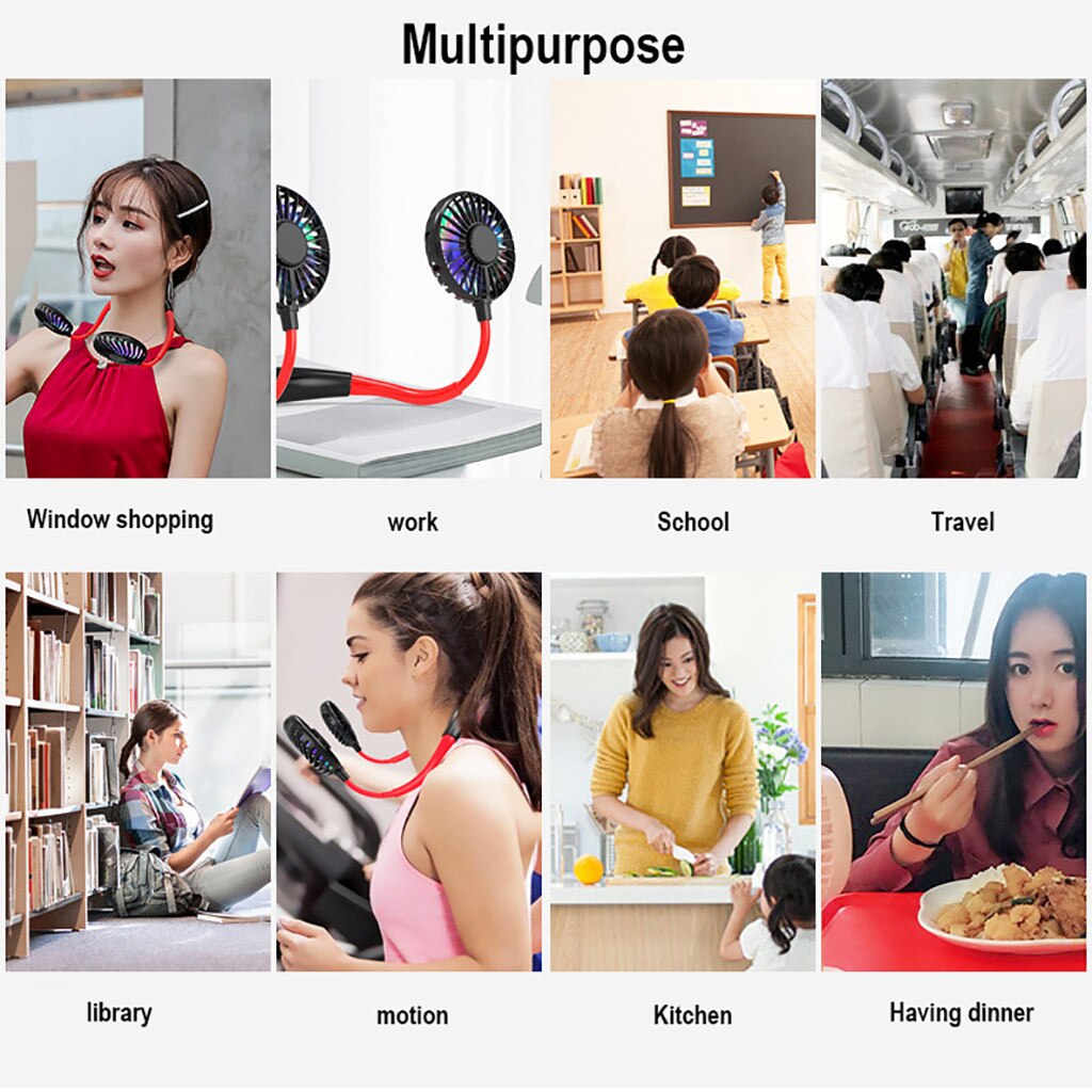 Elektrische Ventilator Usb Led Licht Oplaadbare Nekband Lui Hals Opknoping Stijl Dual Koelventilator Little Hand Fans Ventilateur Draagbare