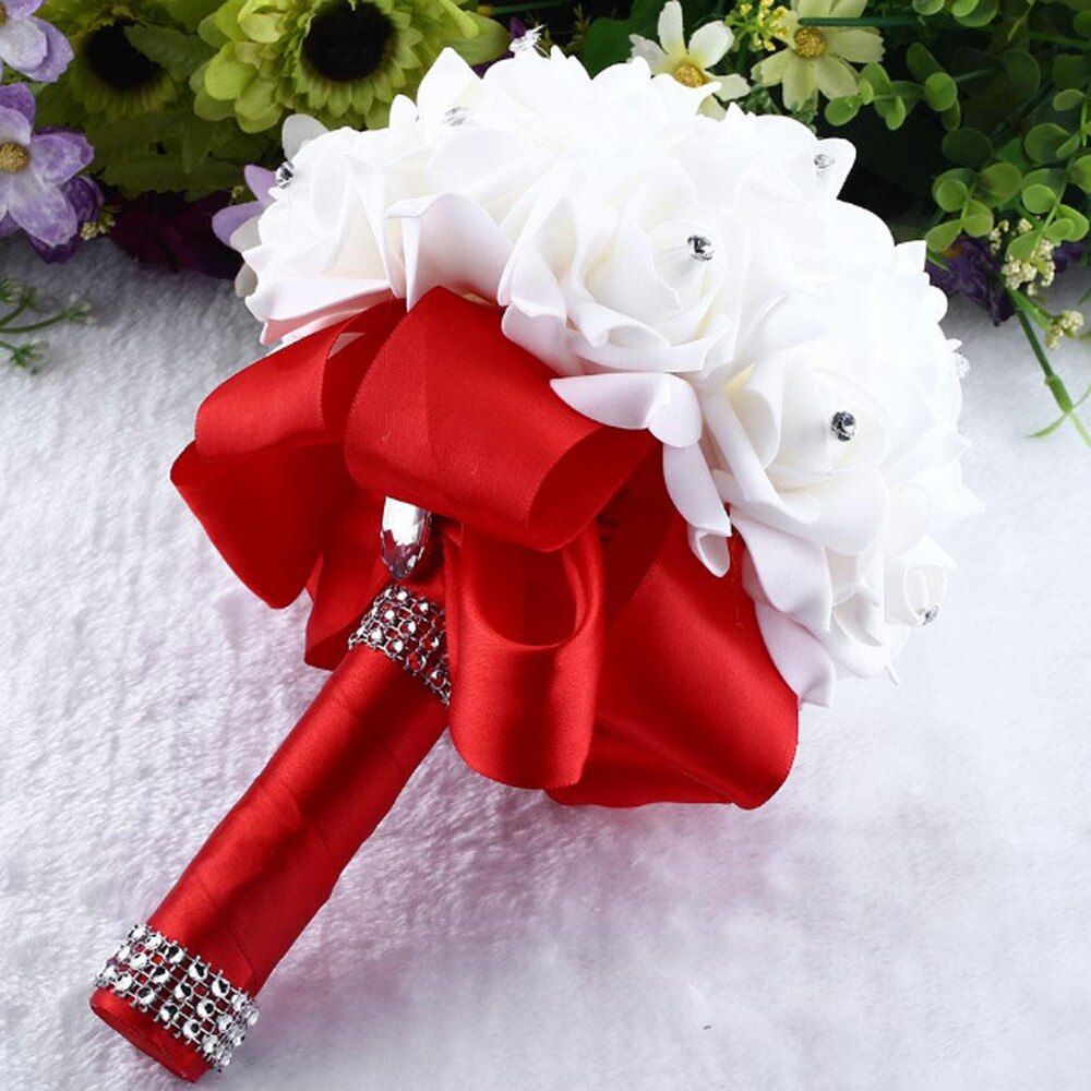 Beautiful White Ivory Bridal Bridesmaid Flower Wedding Bouquet Artificial Flower Rose Bouquet Crystal Bridal Bouquets#4