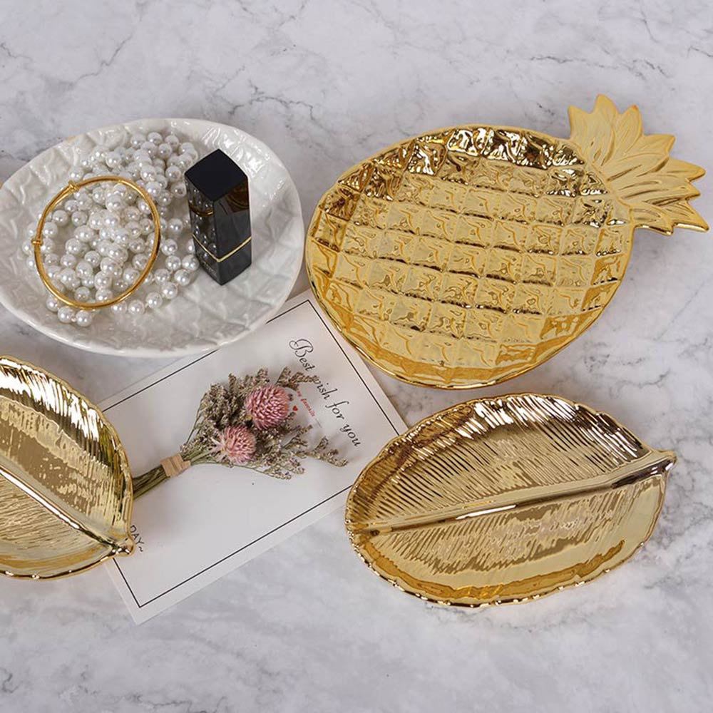 Gloden keramiske blade tallerken træblad smykker snacks dessert sølv opbevaringsbakke rosa guld keramik smykker emalje nipsfad