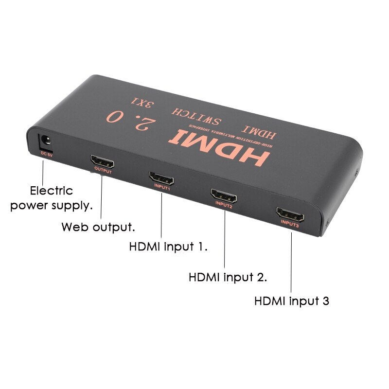 3 in 1 Out 2.0 Switcher 4K60HZ HD Switcher Supports Blu-Ray Input/3D Output/HDCP2.2/HDR Dynamic