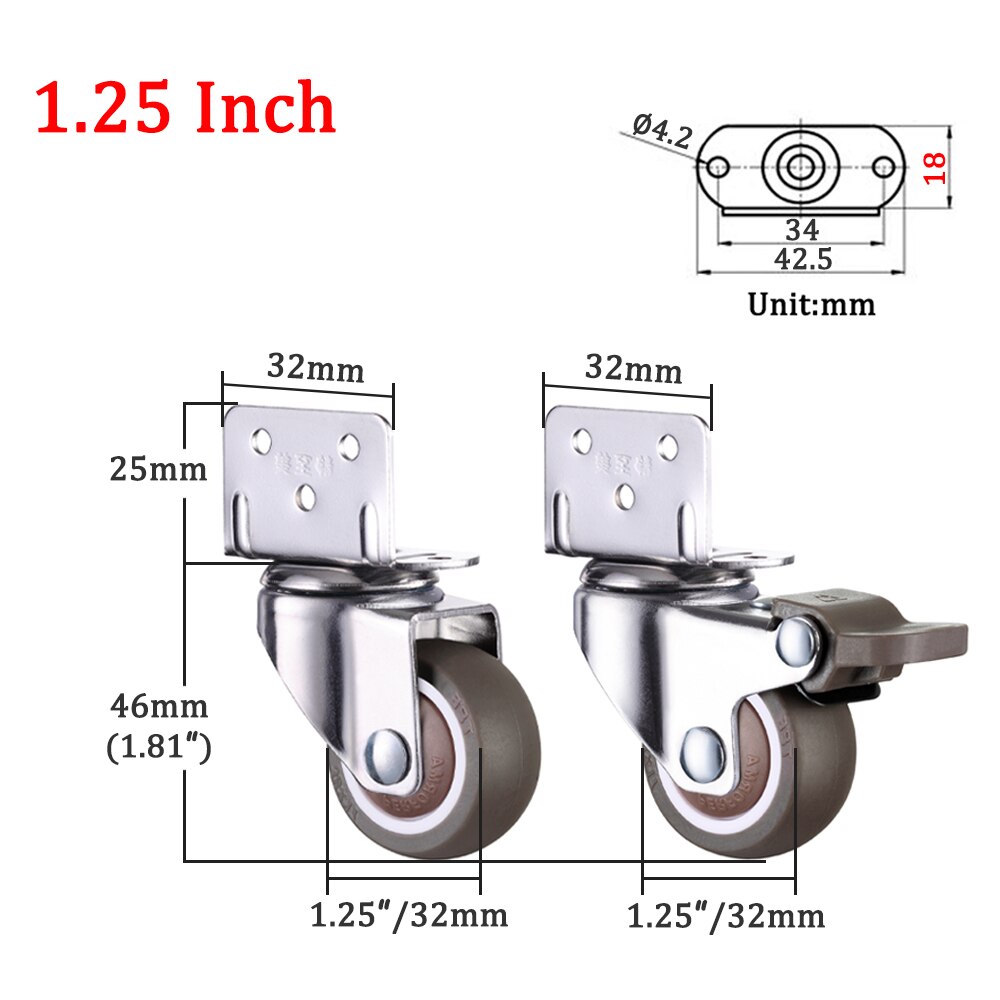 1/4PCS Furniture Swivel Casters Wheels Crib Rubber Rollers Wheel L-Bracket Caster With Brake No Noise For Crib Bookcase Cabinet