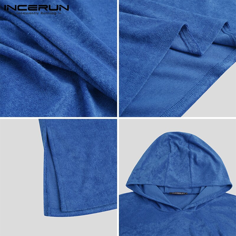 Men Bathrobes Solid Hooded Half Sleeve Leisure Towel Robes Comfortable Homewear Mens Nightgown Bathrobes Poncho INCERUN S-5XL