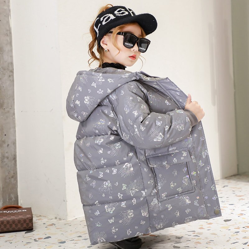 Chaqueta reflectante luminosa de algodón para niños y niñas, Parkas con estampado de mariposa, ropa con capucha, 4-14 años, Invierno