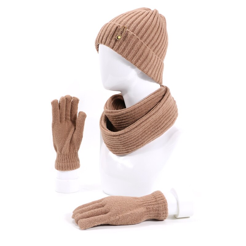 Vinter strikning skullies beanies hat tørklæde handsker sæt til mænd kvinde ensfarvet varm kasket udendørs tyk tørklæde handsker kasketter sæt: C